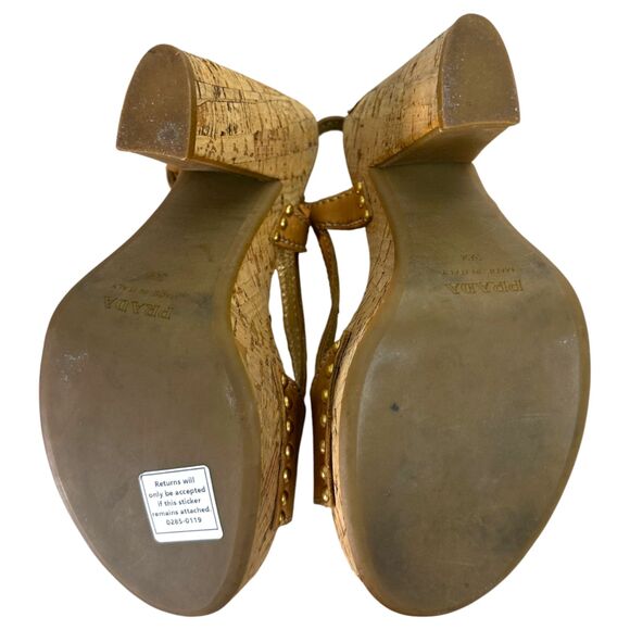 Prada Cork Platform Chunky Heel Brown Leather Studded Heels EU 36.5 US 6.5 -READ - Picture 11 of 13